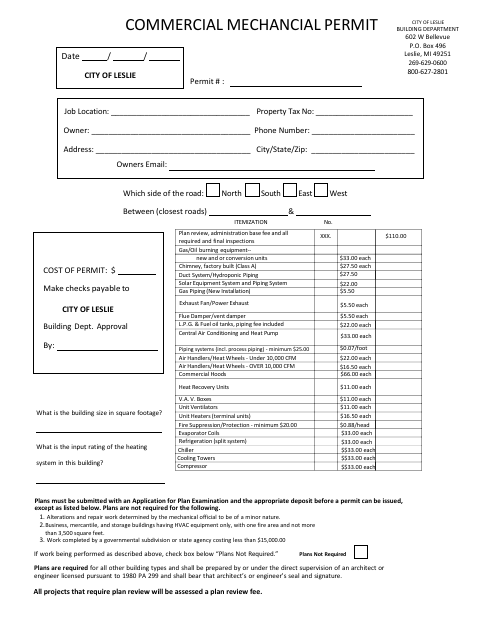 First page of the Commercial Mechanical Permit