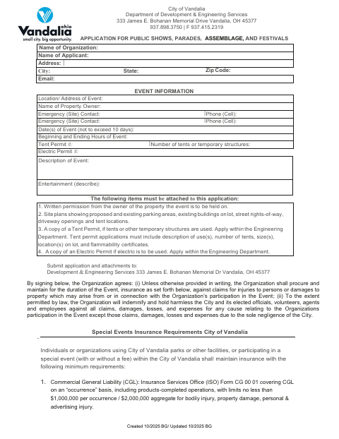 First page of the Application for Public Shows, Parades, Assemblage and Festival