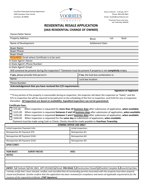 First page of the Residential Resale Application