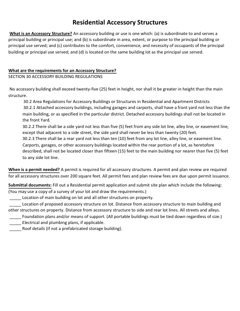 First page of the Residential Accessory Structure Permit Application