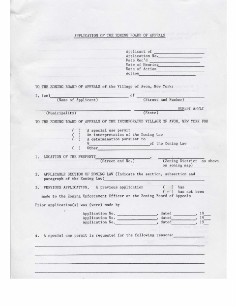 First page of the Zoning Board of Appeals Application