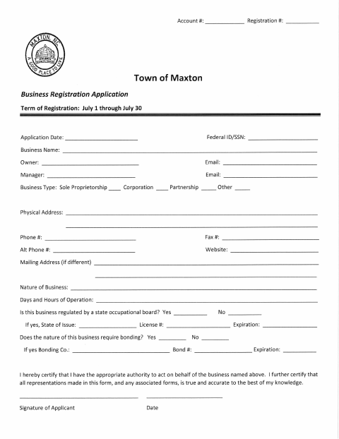 First page of the Business Registration Application