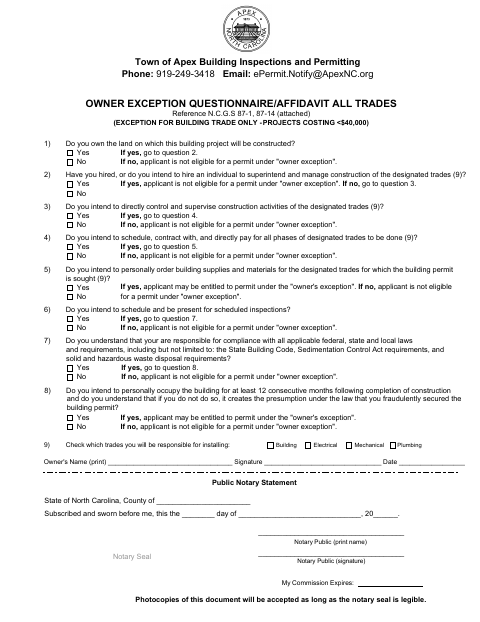 First page of the Owner Exception Questionnaire/Affidavit All Trades