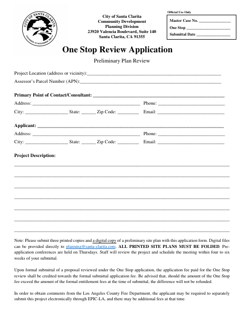 First page of the One Stop Review Application