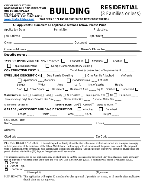 First page of the Residential Building Permit Application