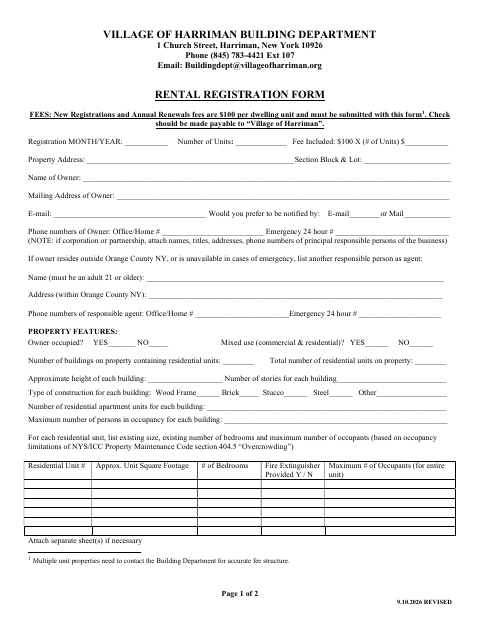 First page of the Rental Registration Form
