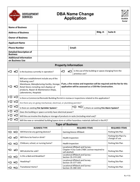First page of the DBA Name Change Application