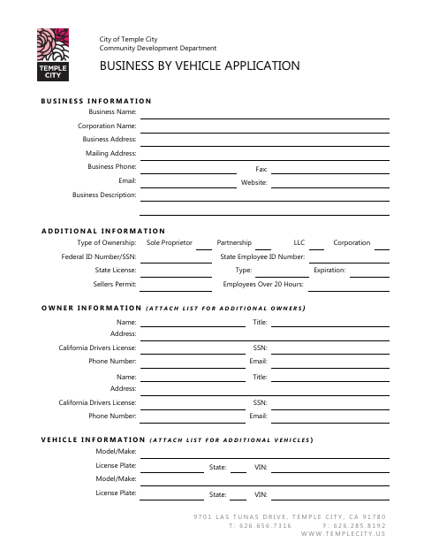 First page of the Business By Vehicle Application