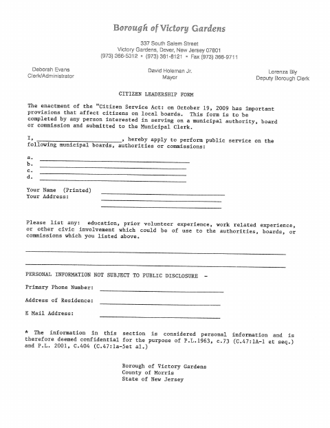 First page of the Citizen Leadership Form