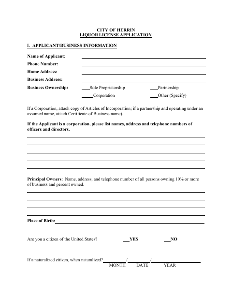 First page of the Liquor License Application