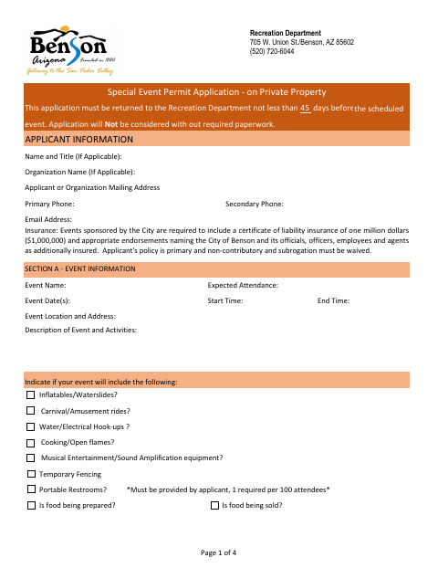 First page of the Special Event Permit Application on Private Property