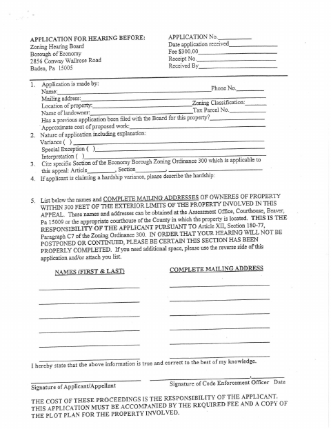 First page of the Zoning Variance Application