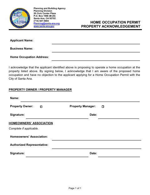 First page of the Home Occupation Permit Property Acknowledgement