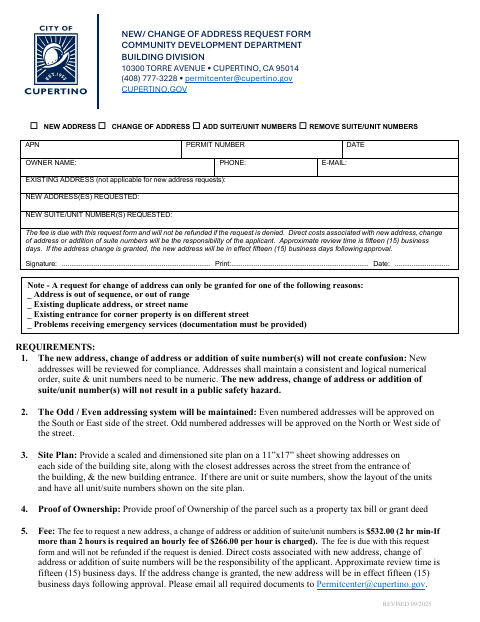First page of the New/Change of Address Request Form