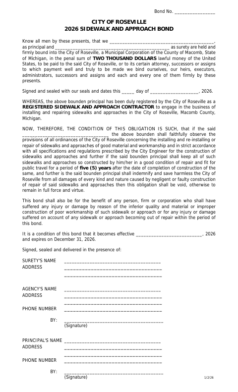 First page of the Sidewalk and Approach Bond Form
