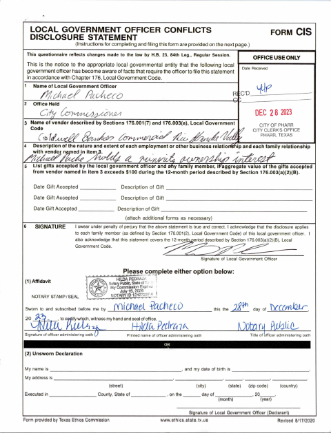 First page of the Local Government Officer Conflicts Disclosure Statement