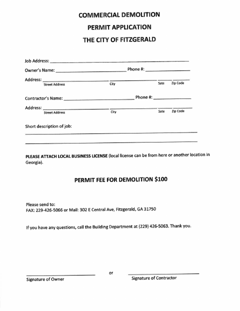First page of the Commercial Demolition Permit Application