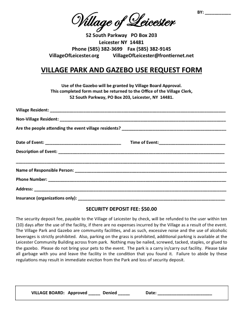 First page of the Park and Gazebo Use Request Form