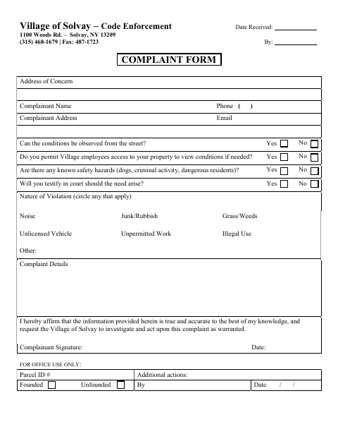 First page of the Code Enforcement Complaint Form
