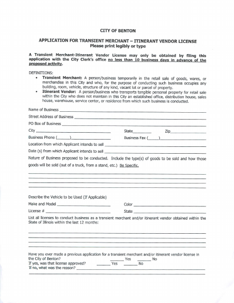 First page of the Transient Merchant and Itinerant Vendor License Application