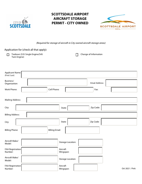 First page of the Aircraft Storage Permit – City Owned