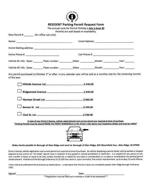 First page of the Resident Parking Permit Request Form