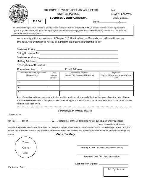 First page of the Business Certificate Renewal Form