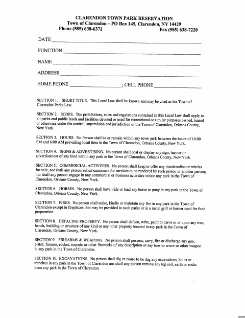 First page of the Park Reservation Form