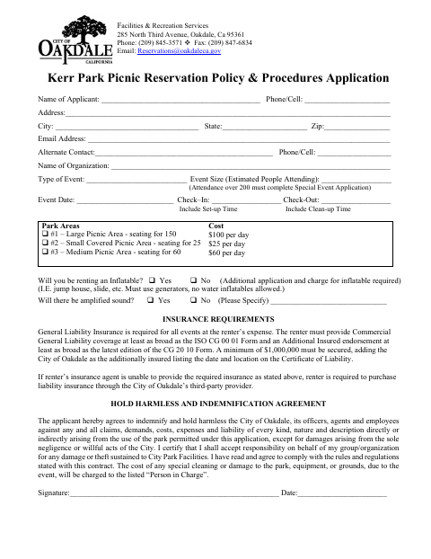First page of the Kerr Park Picnic Reservation Policy & Procedures Application