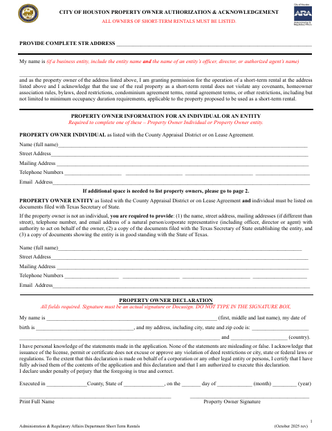 First page of the Property Owner Authorization & Acknowledgement