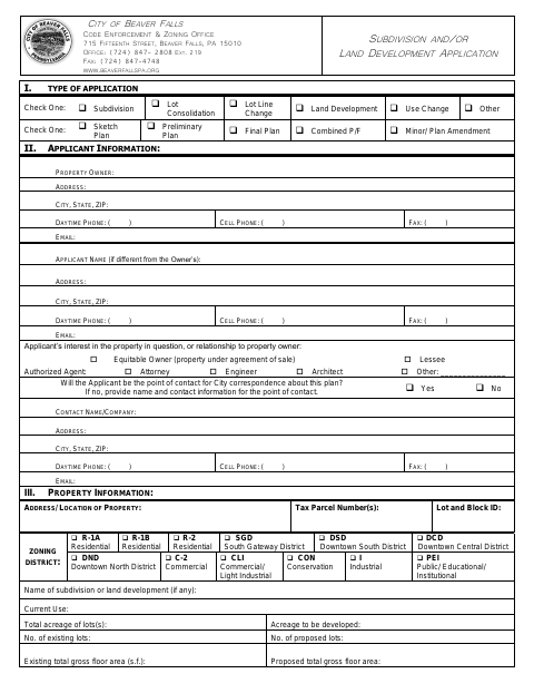First page of the Subdivision and/or Land Development Application