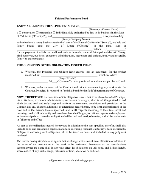First page of the Faithful Performance Bond