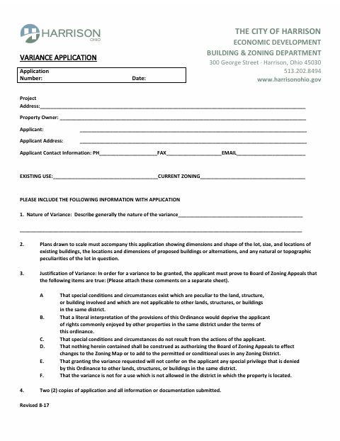 First page of the Variance Application (Board of Zoning Appeals)