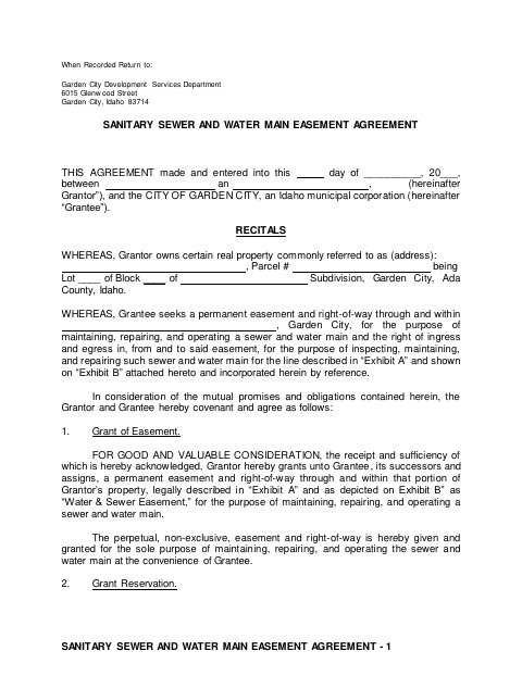 First page of the Sanitary Sewer and Water Main Easement Agreement