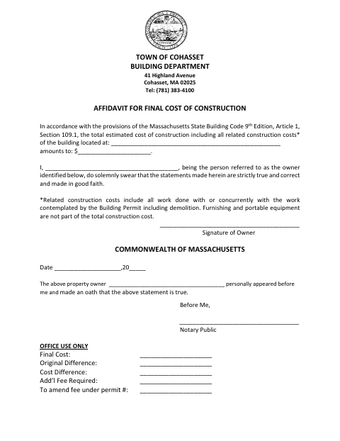 First page of the Affidavit for Final Cost of Construction