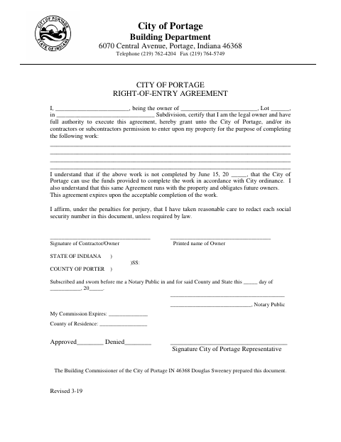 First page of the Right-of-Entry Agreement