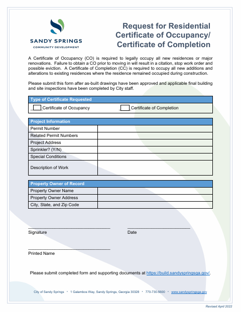 First page of the Request for Residential Certificate of Occupancy or Certificate of Completion