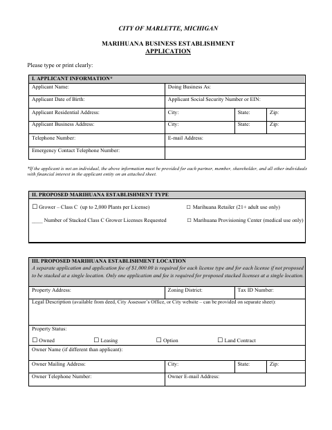 First page of the Marihuana Business Establishment Application