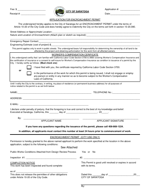 First page of the Application for Encroachment Permit
