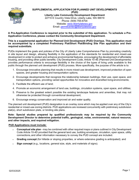 First page of the Planned Unit Development Supplemental Application