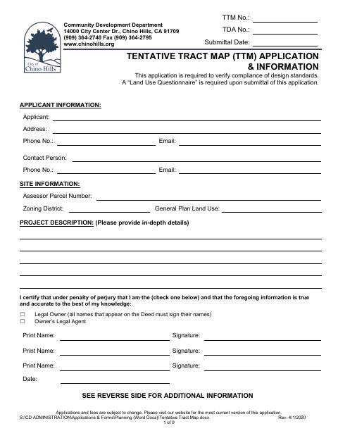 First page of the Tentative Tract Map Application