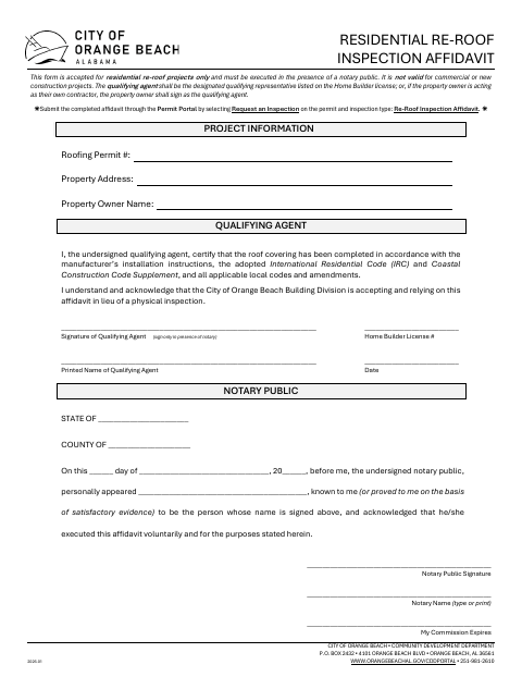First page of the Residential Re-Roof Inspection Affidavit
