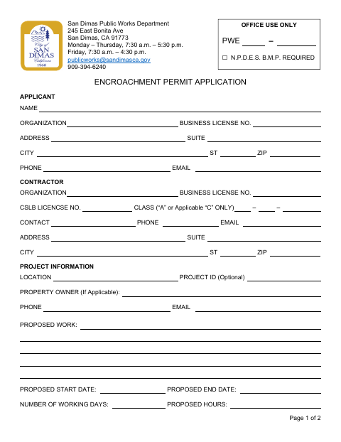First page of the Encroachment Permit Application