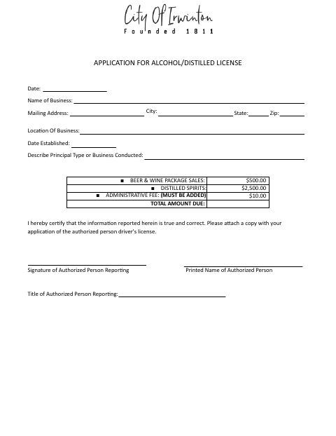 First page of the Application for Alcohol-Distilled License
