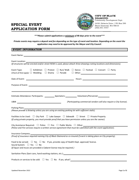 First page of the Special Event Application Form