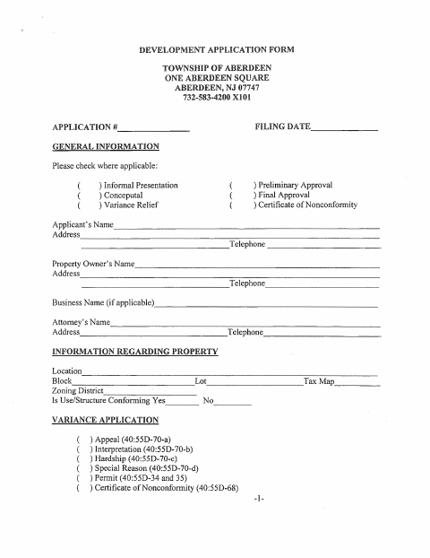 First page of the Development Application and Variance Application