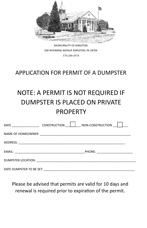 First page of the Application for Permit of a Dumpster