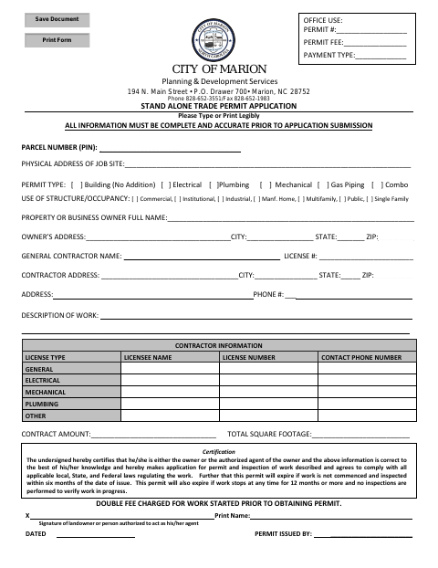 First page of the Stand Alone Trade Permit Application