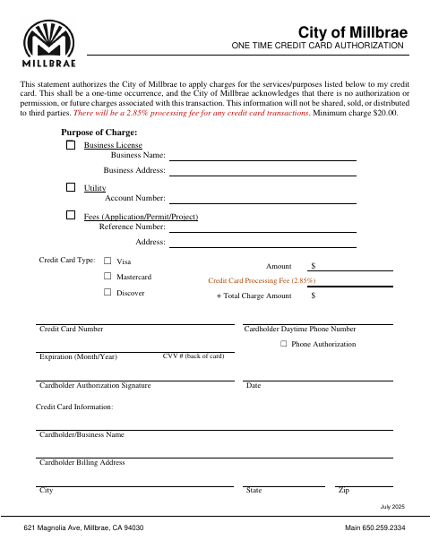 First page of the One Time Credit Card Authorization