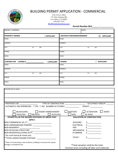 First page of the Building Permit Application - Commercial